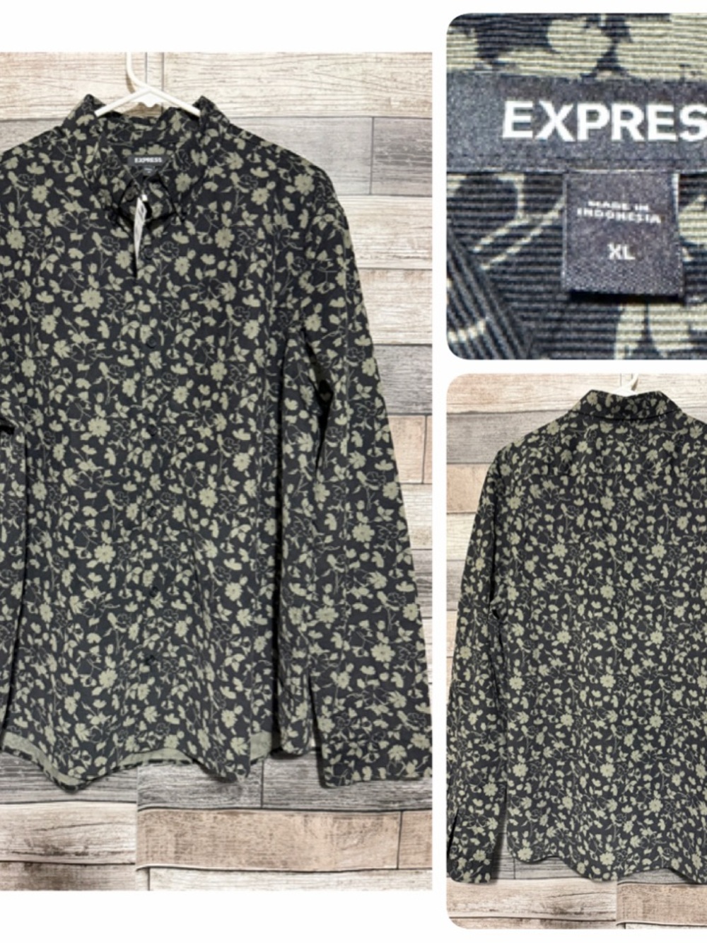 Express Floral Corduroy Button Up Shirt Men’s XL Black Green Stretch